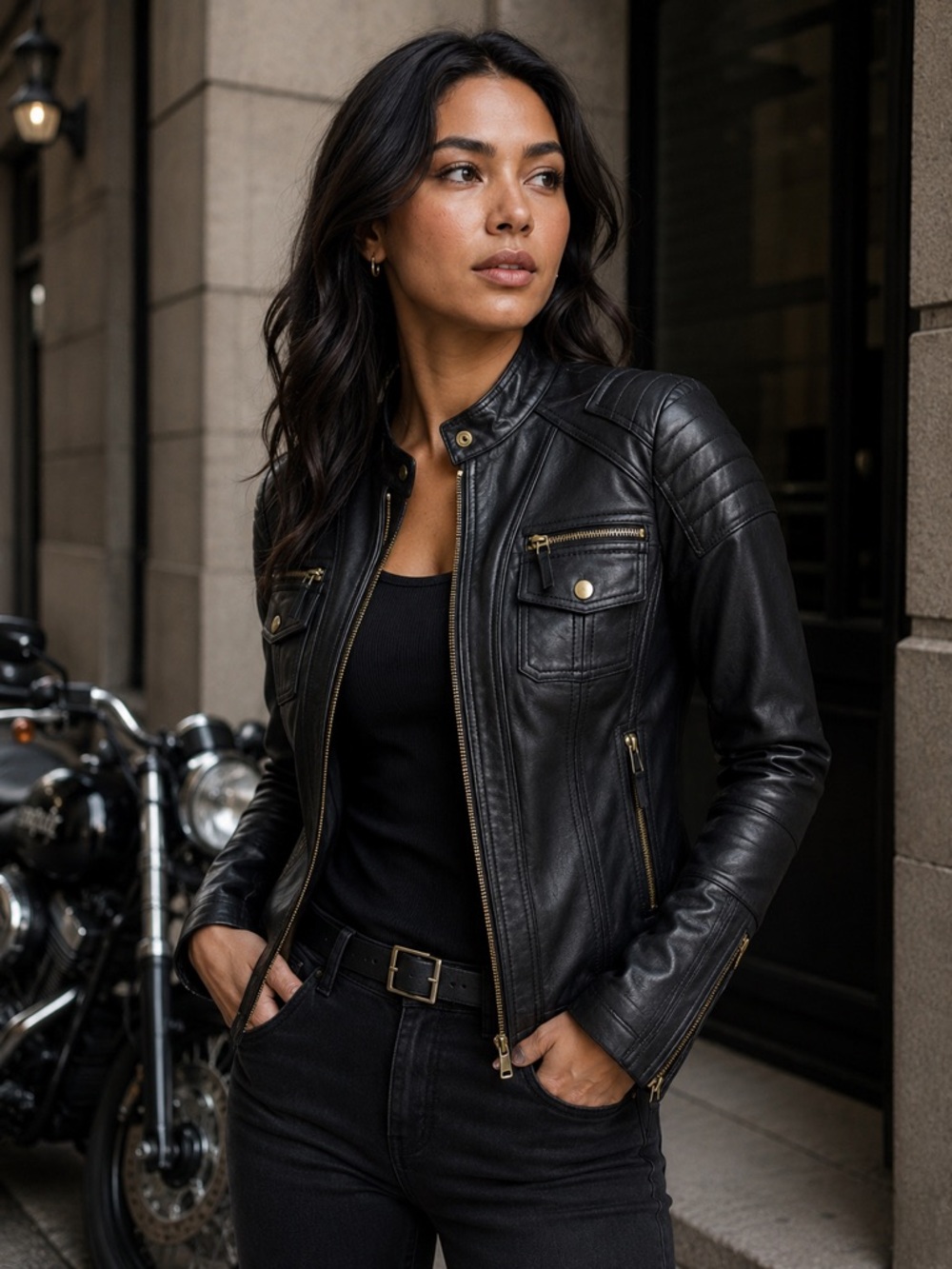 Boston Proper Genuine Black Leather Moto Jacket & Gold Hardware M